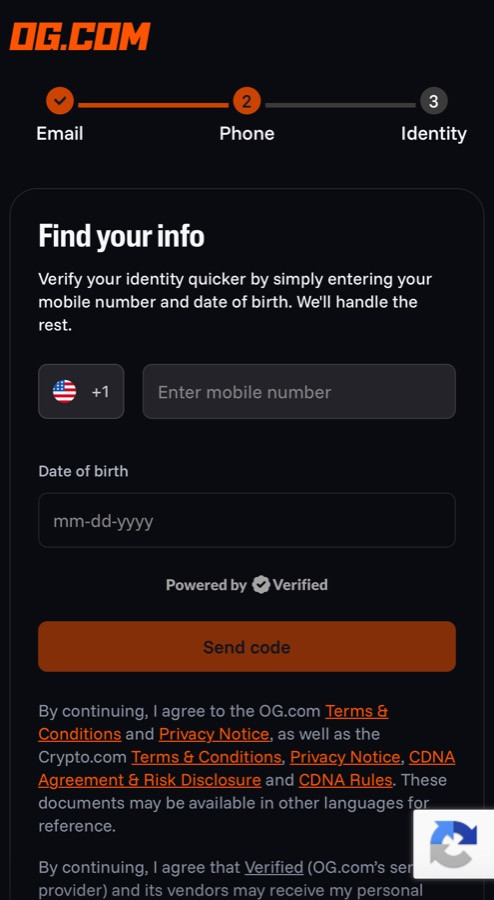 OG sign-up step asking for mobile number and date of birth