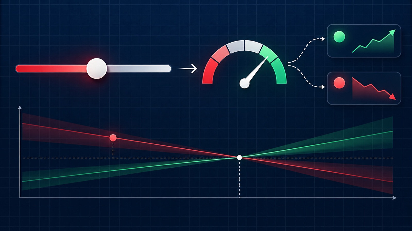 Unlabelled contract slider and probability gauge beside an abstract chart on a navy grid.
