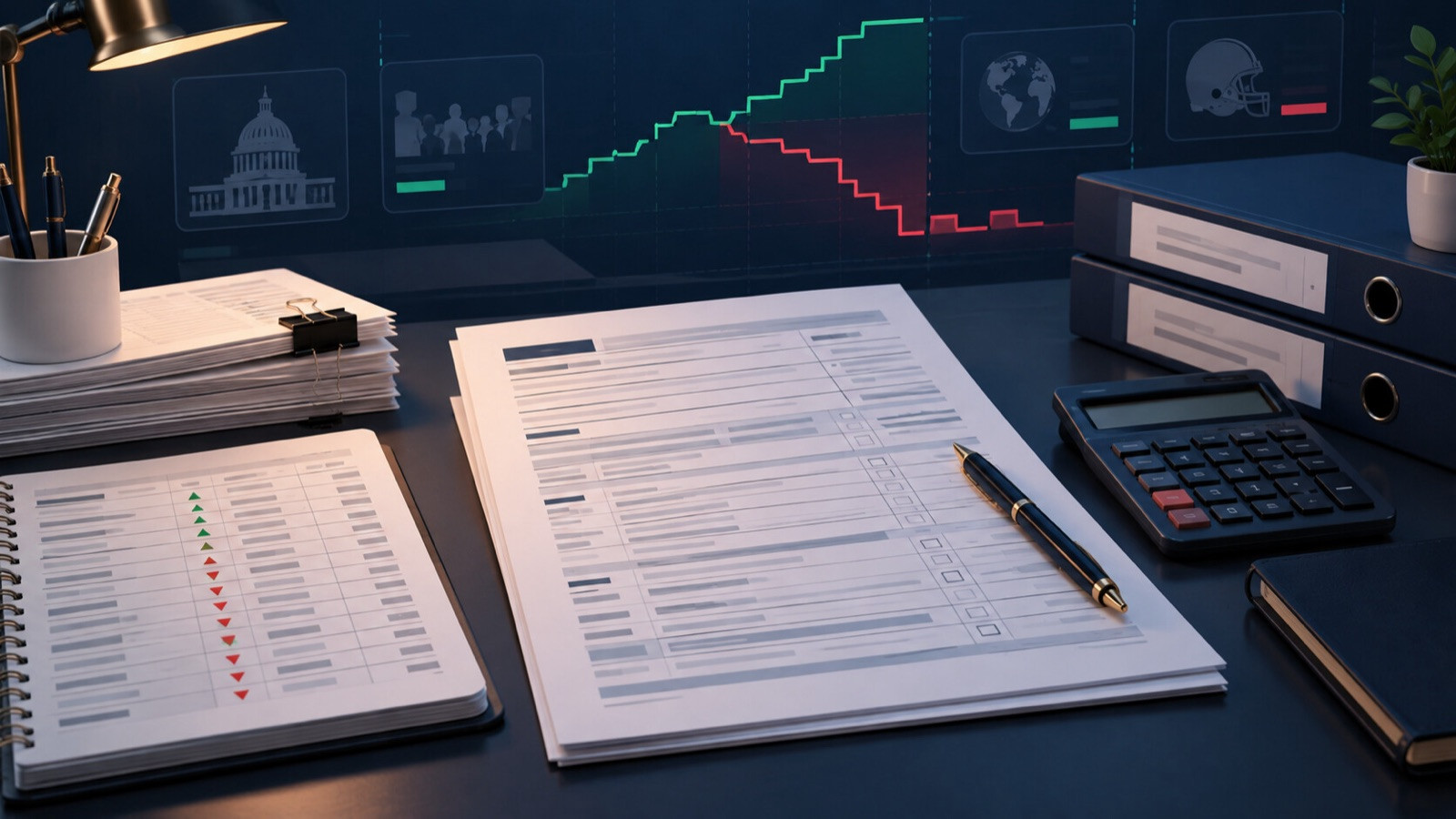 Generic tax form, transaction ledger, calculator, and folders on an organized desk.