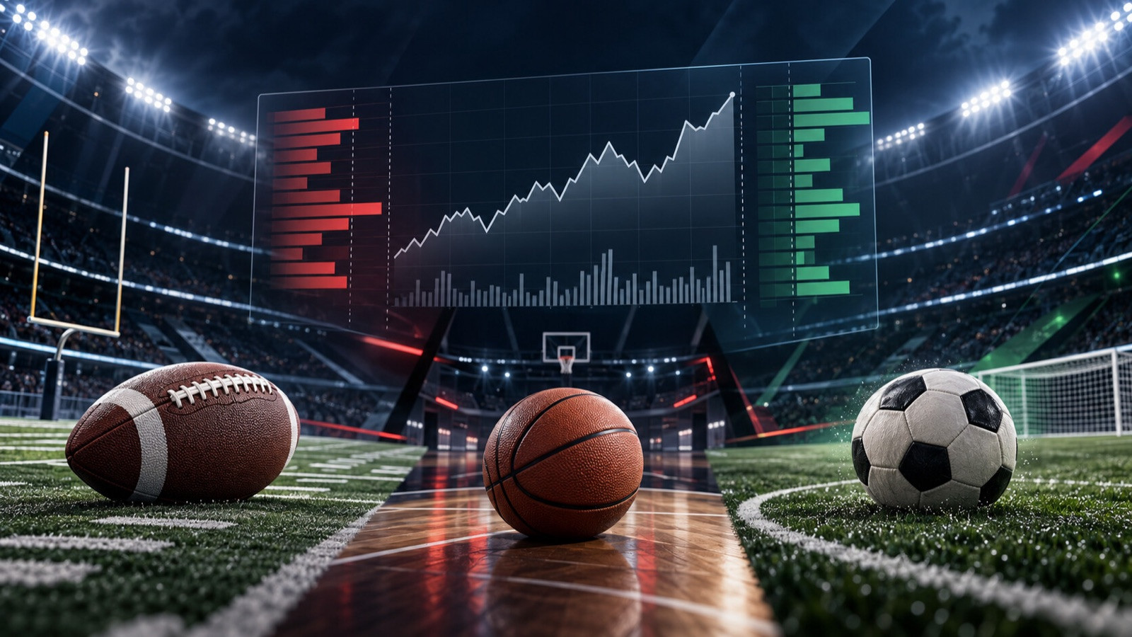 Unbranded sports balls and a contract chart with market-depth bars in a night stadium.