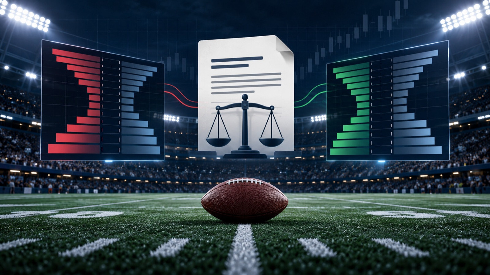 Football stadium with order-book bars and a generic regulation-document shape.