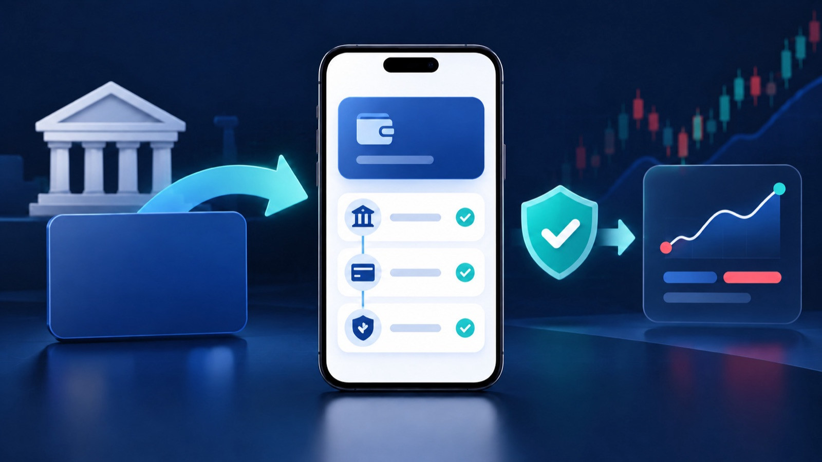 Generic smartphone, bank-card symbol, verification shield, and transfer arrow entering the app.