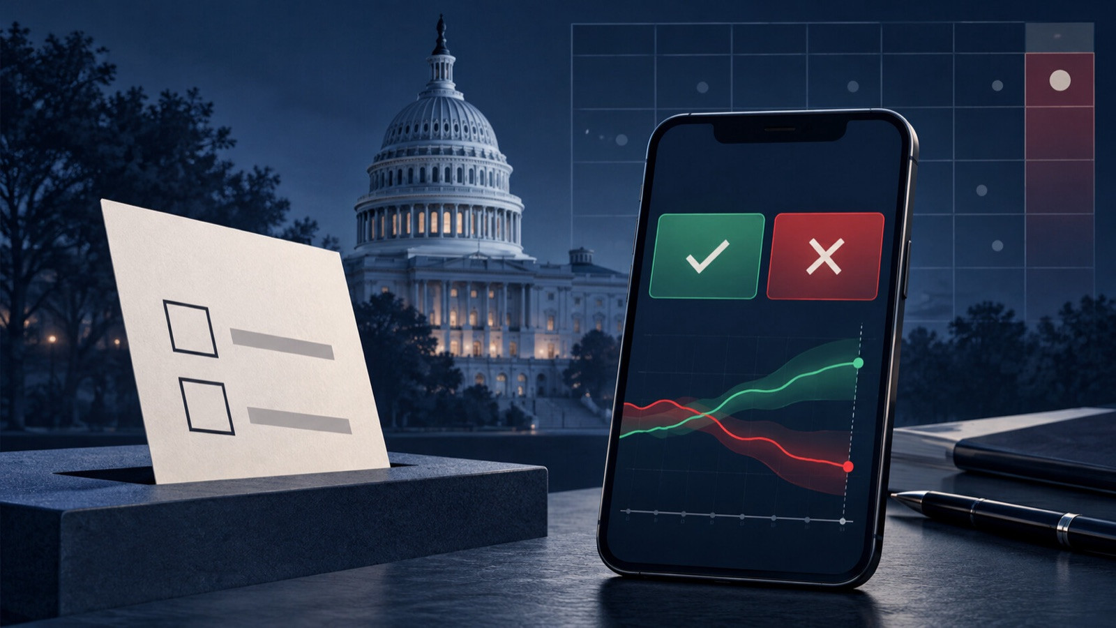 Generic Capitol silhouette, ballot card, unbranded phone contract card, and probability curve.