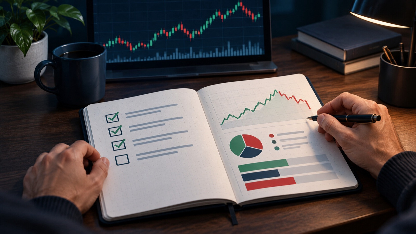 Notebook checklist, allocation blocks, and a small chart on an analyst's navy desk.