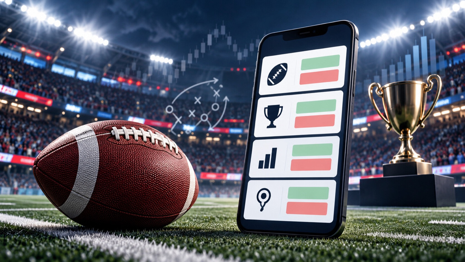 Football field, generic phone with contract cards, and a simple trophy silhouette.