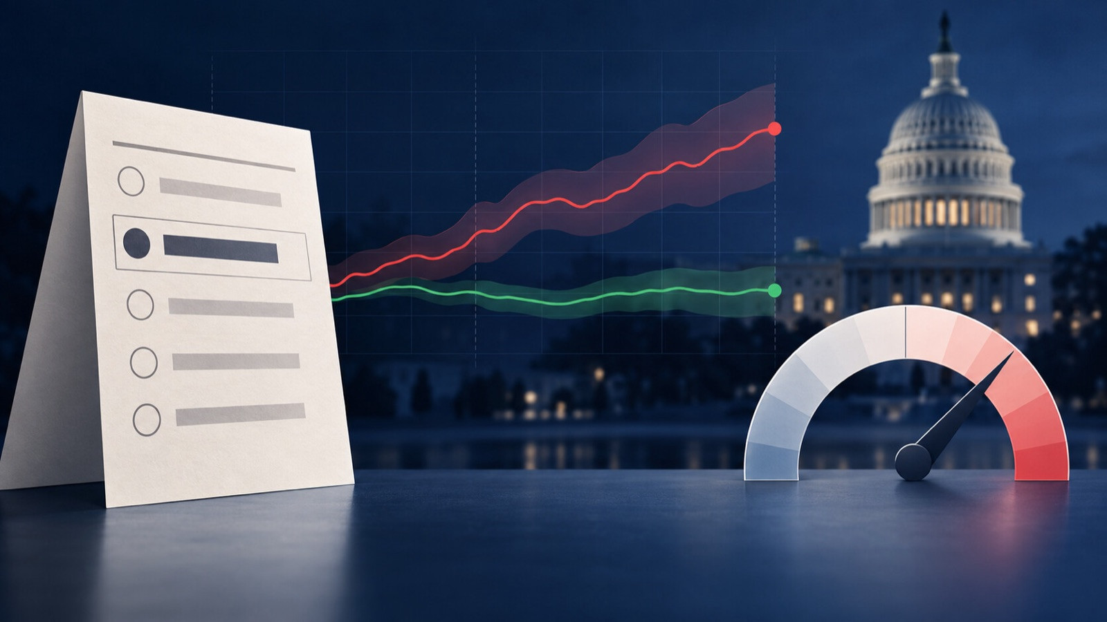 Generic Capitol dome beside a ballot-shaped card, forecast gauge, and market curve.