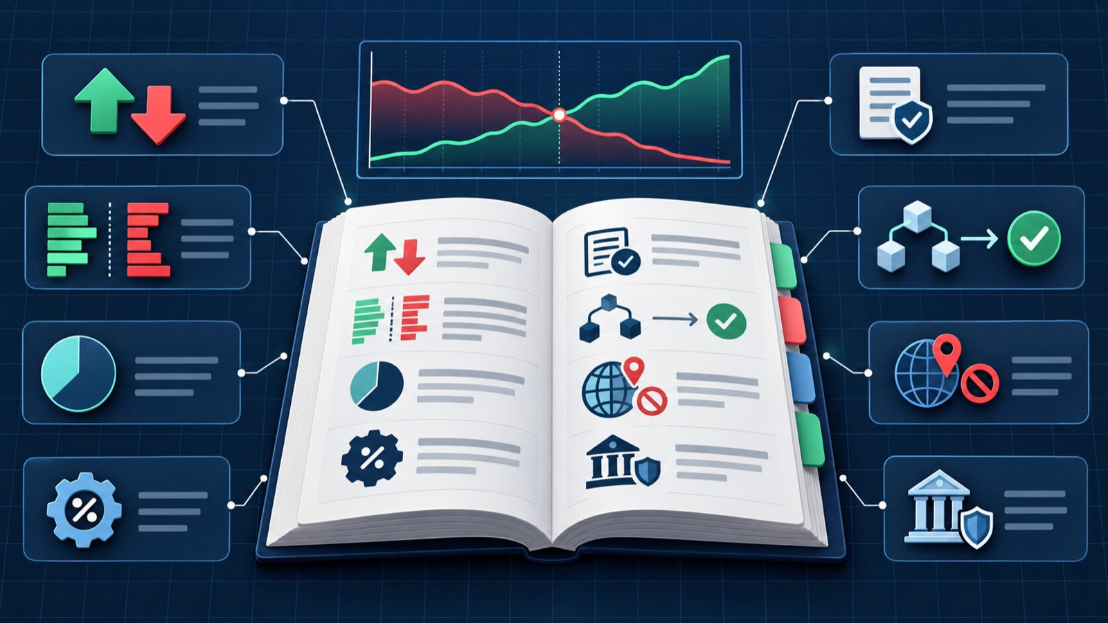 Open reference book with tabbed markers and abstract exchange icons around a small chart.