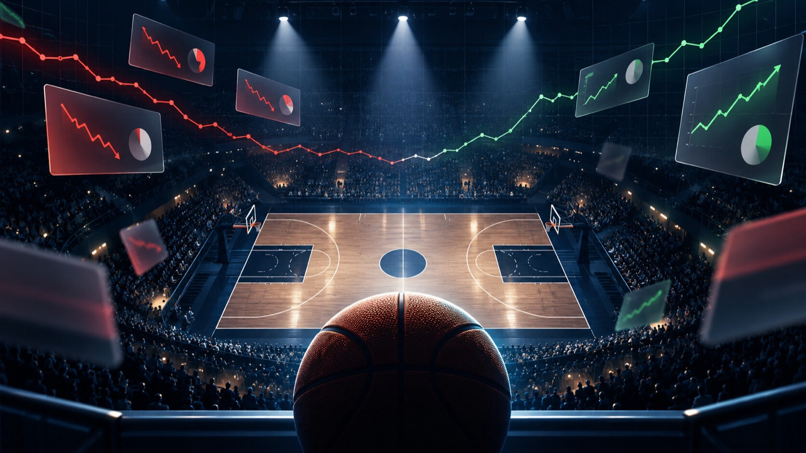 Unbranded basketball court under arena lights, with abstract probability cards and a market line.
