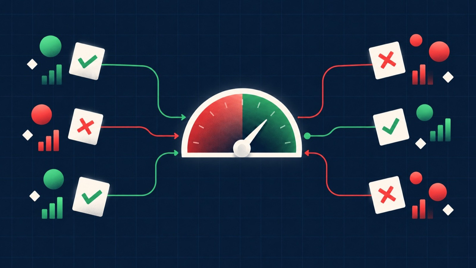 Simple geometric market icons and red and green signal lines converge on a central probability gauge over a navy grid.