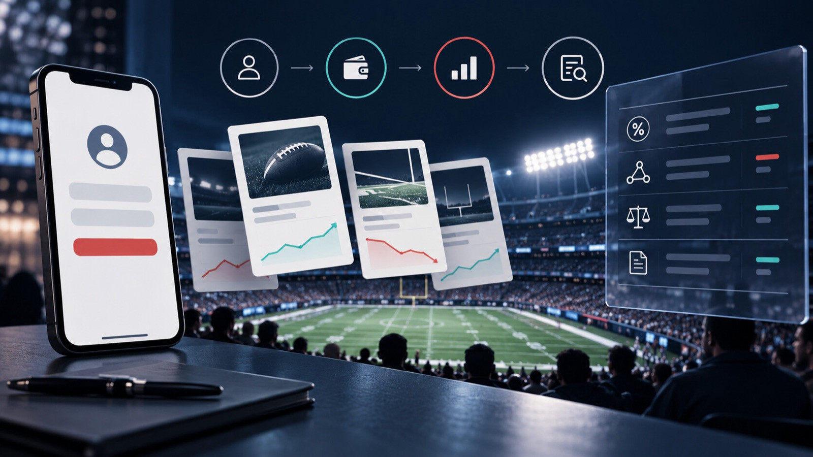 Unbranded phone with contract cards beside a football field and a fee-ledger motif.