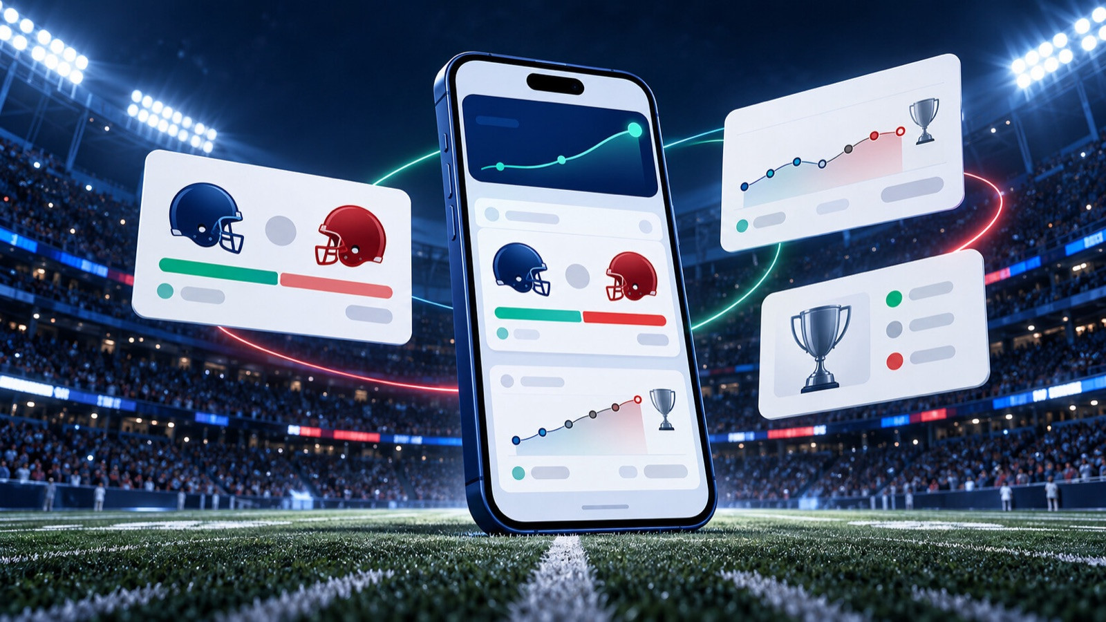Football field and generic phone showing abstract game and season contract cards.