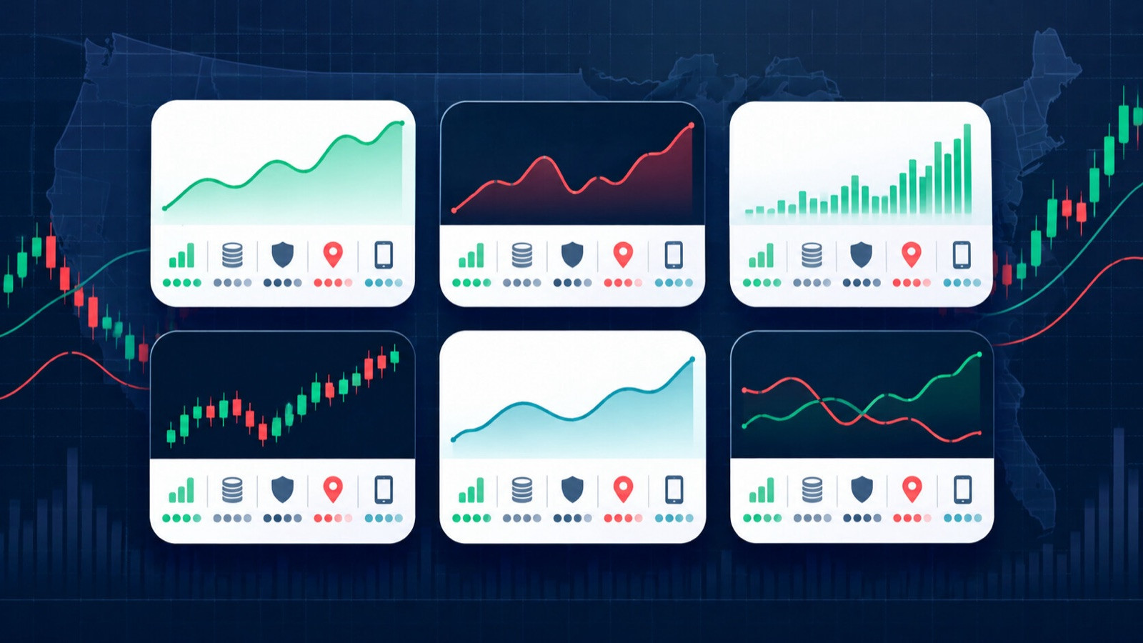 Six generic prediction-market app tiles with simple symbols for charts, fees, regulation, location, and mobile use.