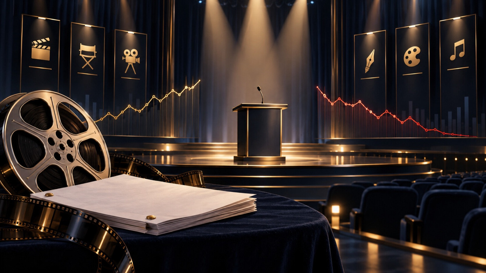 Empty theater stage with an award podium, film reel, screenplay pages, category cards, and a market line.
