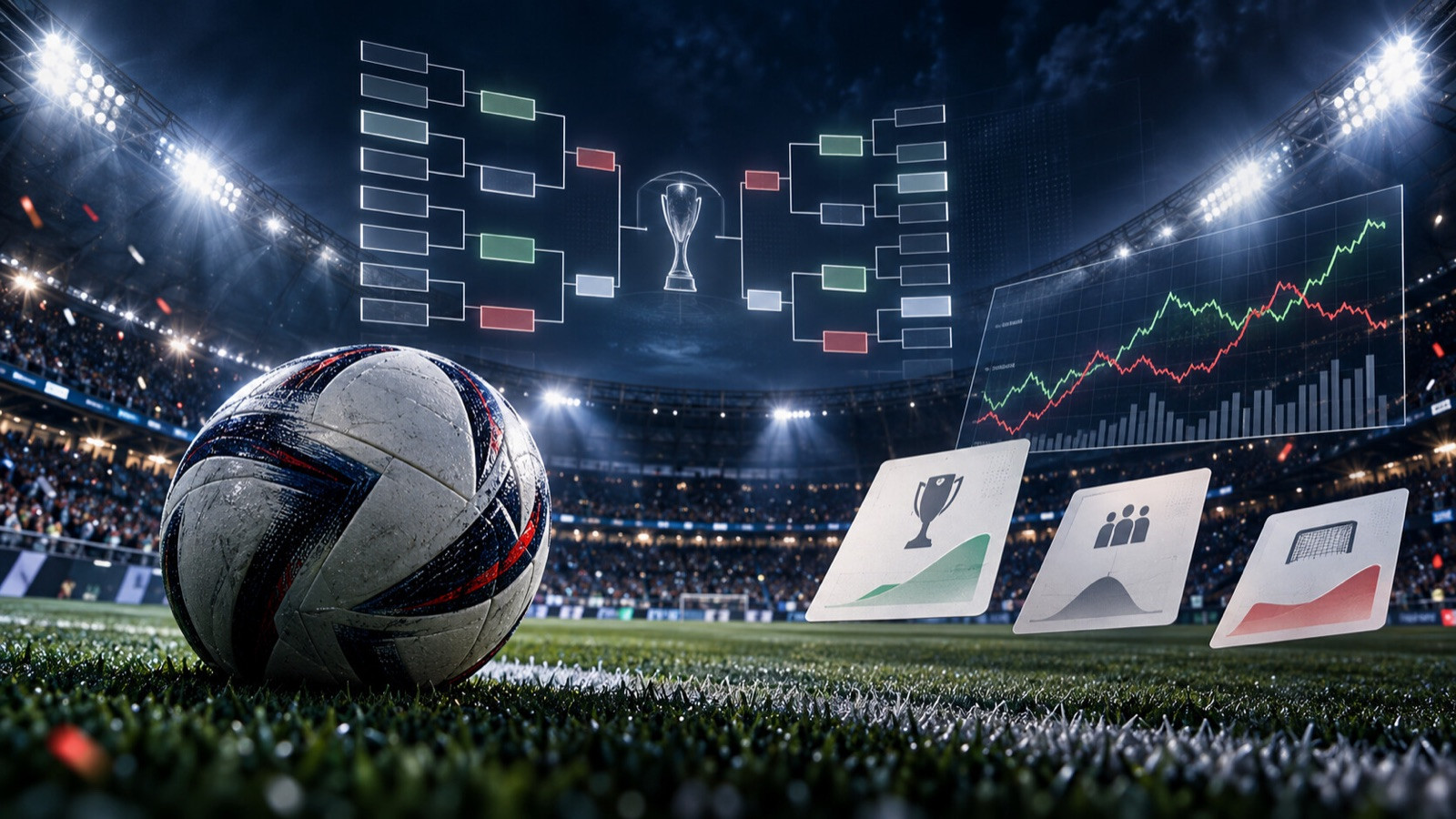 Soccer ball in a stadium with an abstract tournament bracket and market chart overhead.