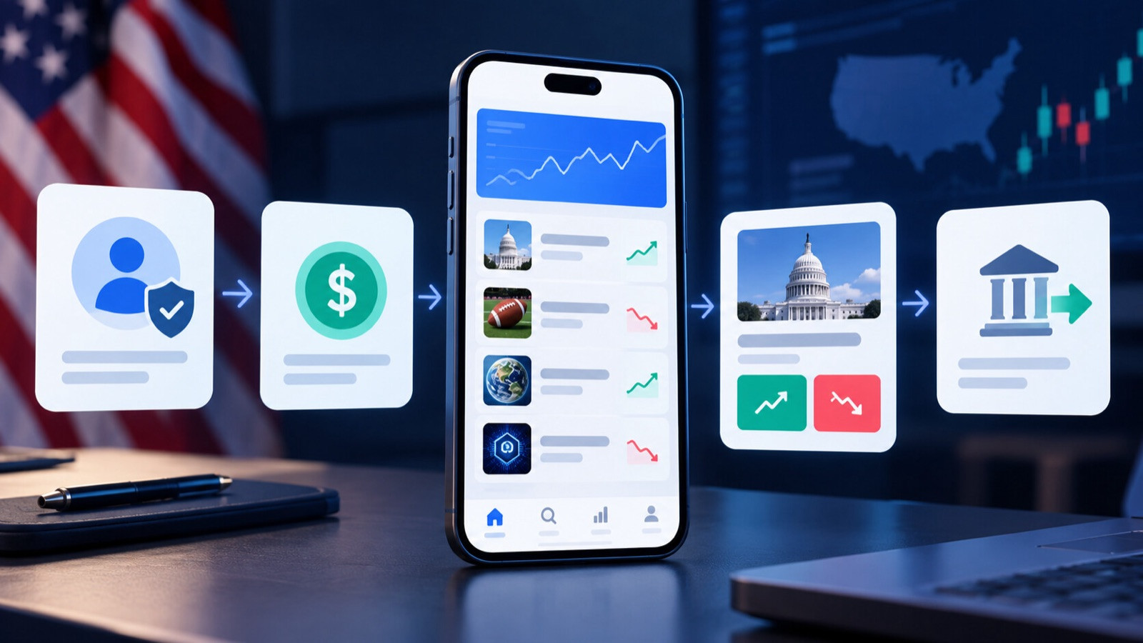 Generic smartphone with an abstract contract card, verification shield, and dollar-funding symbol.
