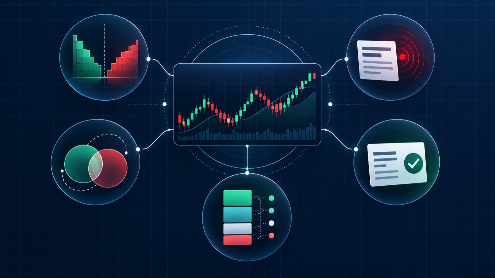 Five abstract strategy nodes around a contract chart, representing depth, news, correlation, settlement, and allocation.