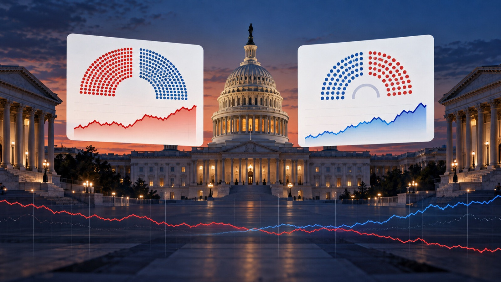 Capitol building and two chamber silhouettes with probability cards and a market line.