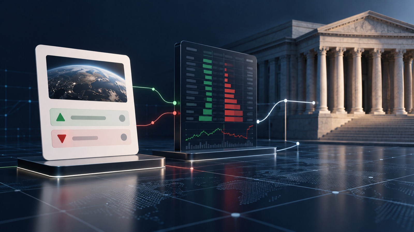 Event-contract card, exchange ledger, courthouse columns, and measured connecting lines.