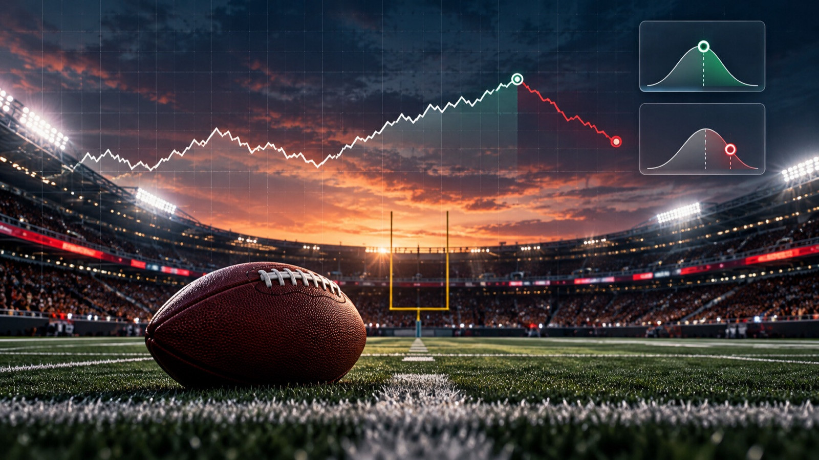 Night football stadium with an unbranded field, goalposts, and abstract forecast and result cards connected by a market line.