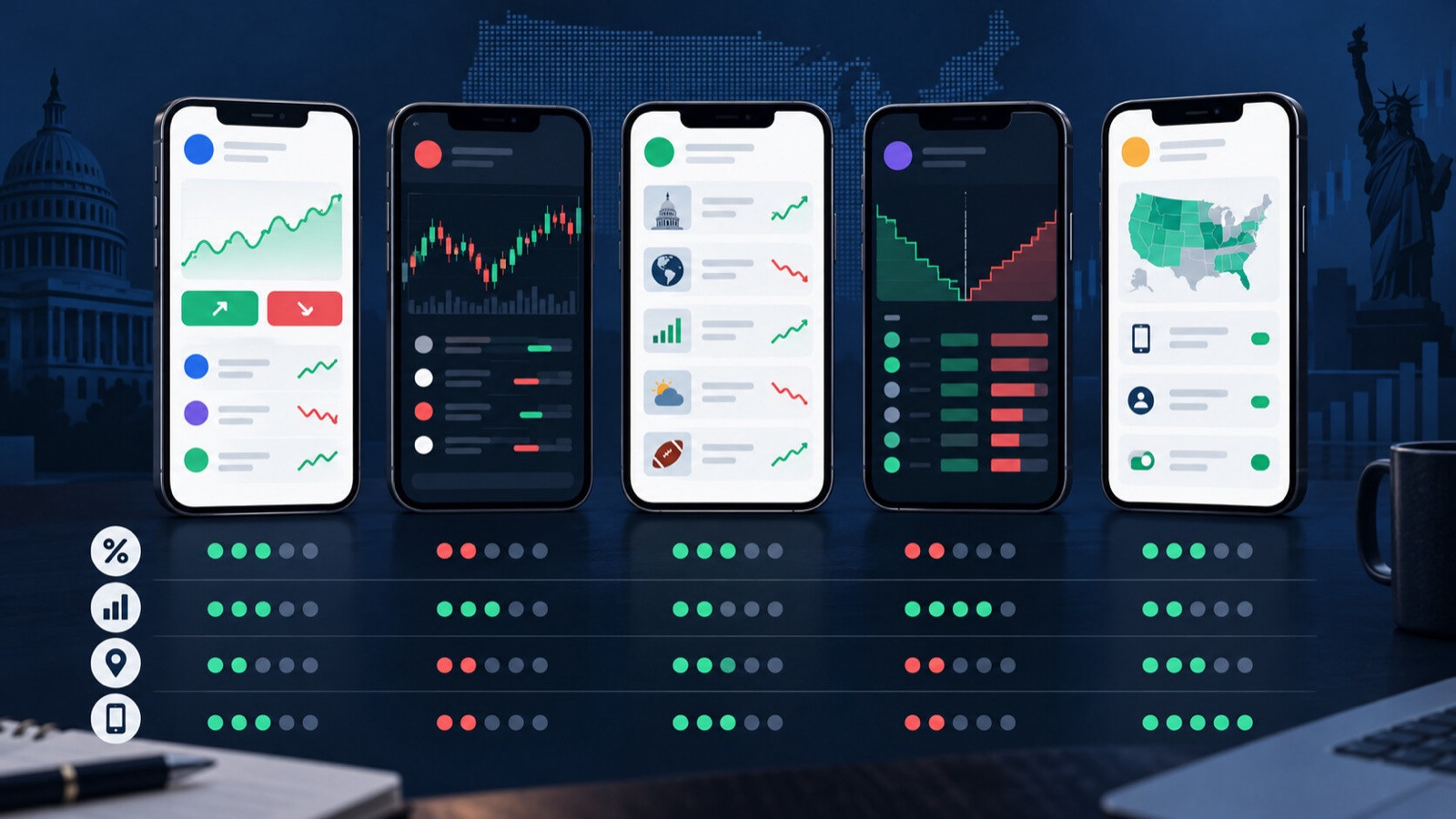 Five generic prediction-market app tiles arranged in a balanced comparison.