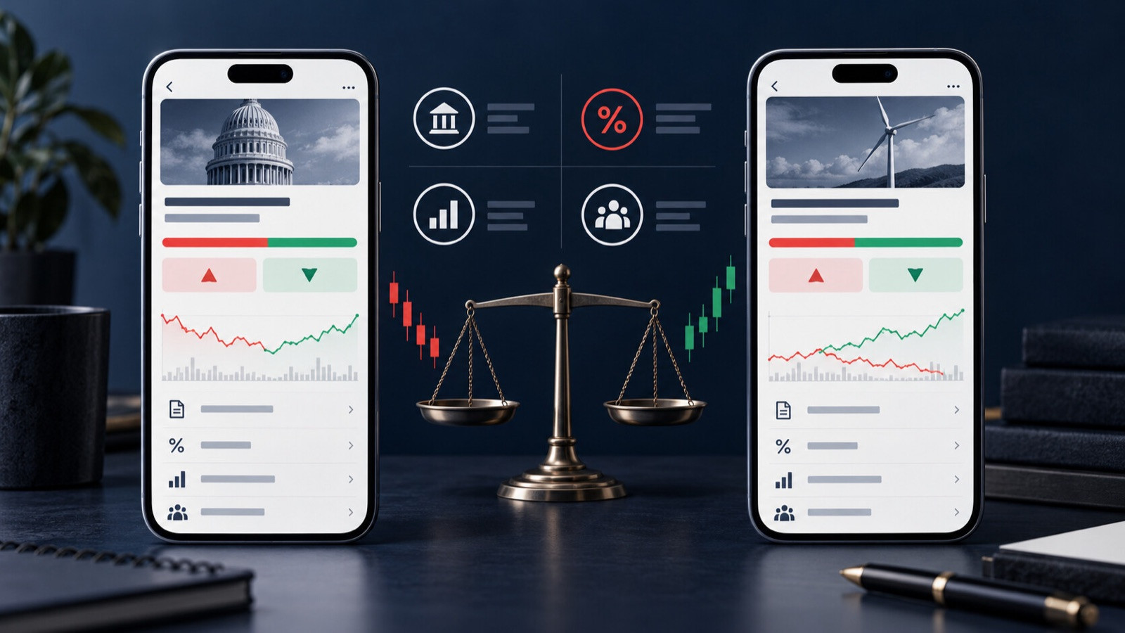 Two generic mobile trading interfaces face each other with a neutral comparison symbol and chart details.